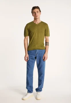 Montagut Polos Et T-Shirts-T-shirt col V en lin flammé - Reuben 83-Kaki
