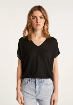 Montagut T-Shirts Et Débardeurs-T-shirt col V en lin flammé - Larra 01-Noir