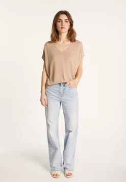 Montagut T-Shirts Et Débardeurs-T-shirt col V en lin flammé - Larra 13-Beige moyen