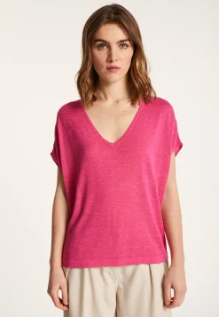 Montagut T-Shirts Et Débardeurs-T-shirt col V en lin flammé - Larra 26-Rose foncé