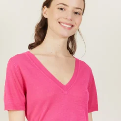Montagut T-Shirts Et Débardeurs-T-shirt col V en lin flammé - Bountie 91-Fuchsia
