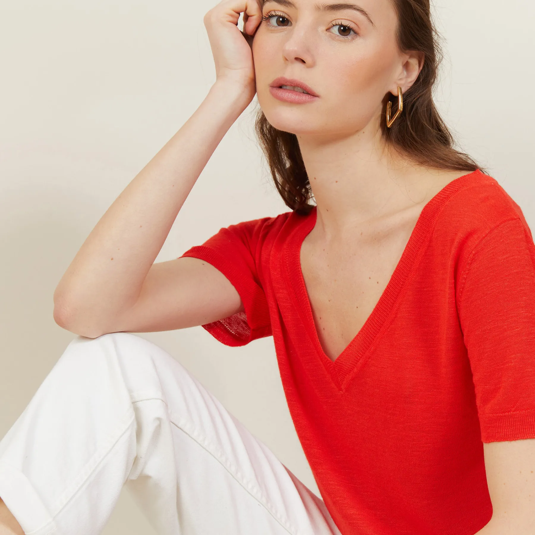 Montagut T-Shirts Et Débardeurs-T-shirt col V en lin flammé - Bountie 52-Rouge