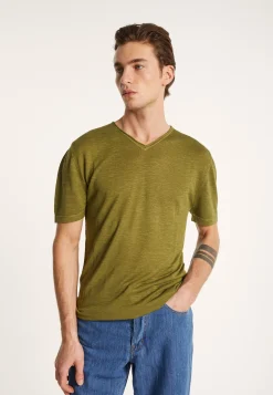 Montagut Polos Et T-Shirts-T-shirt col V en lin flammé - Reuben 83-Kaki