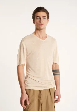 Montagut Polos Et T-Shirts-T-shirt col V en lin flammé - Reuben 12-Beige clair