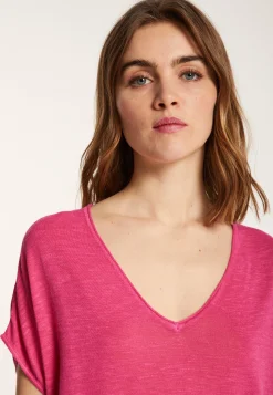 Montagut T-Shirts Et Débardeurs-T-shirt col V en lin flammé - Larra 26-Rose foncé