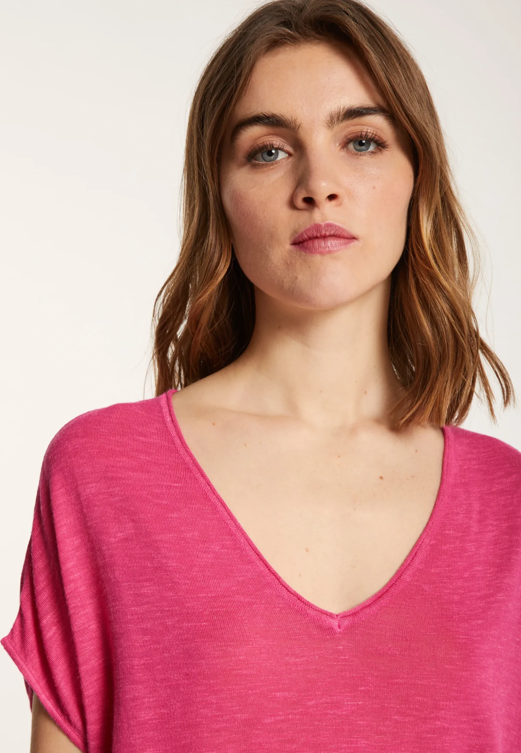 Montagut T-Shirts Et Débardeurs-T-shirt col V en lin flammé - Larra 26-Rose foncé