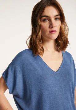 Montagut T-Shirts Et Débardeurs-T-shirt col V en lin flammé - Larra 03-Bleu foncé
