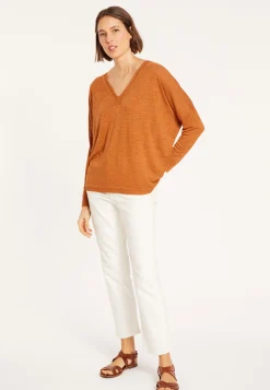 Montagut T-Shirts Et Débardeurs | Pulls-T-shirt col v en lin flammé - Beja 07-Marron