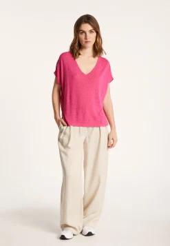 Montagut T-Shirts Et Débardeurs-T-shirt col V en lin flammé - Larra 26-Rose foncé