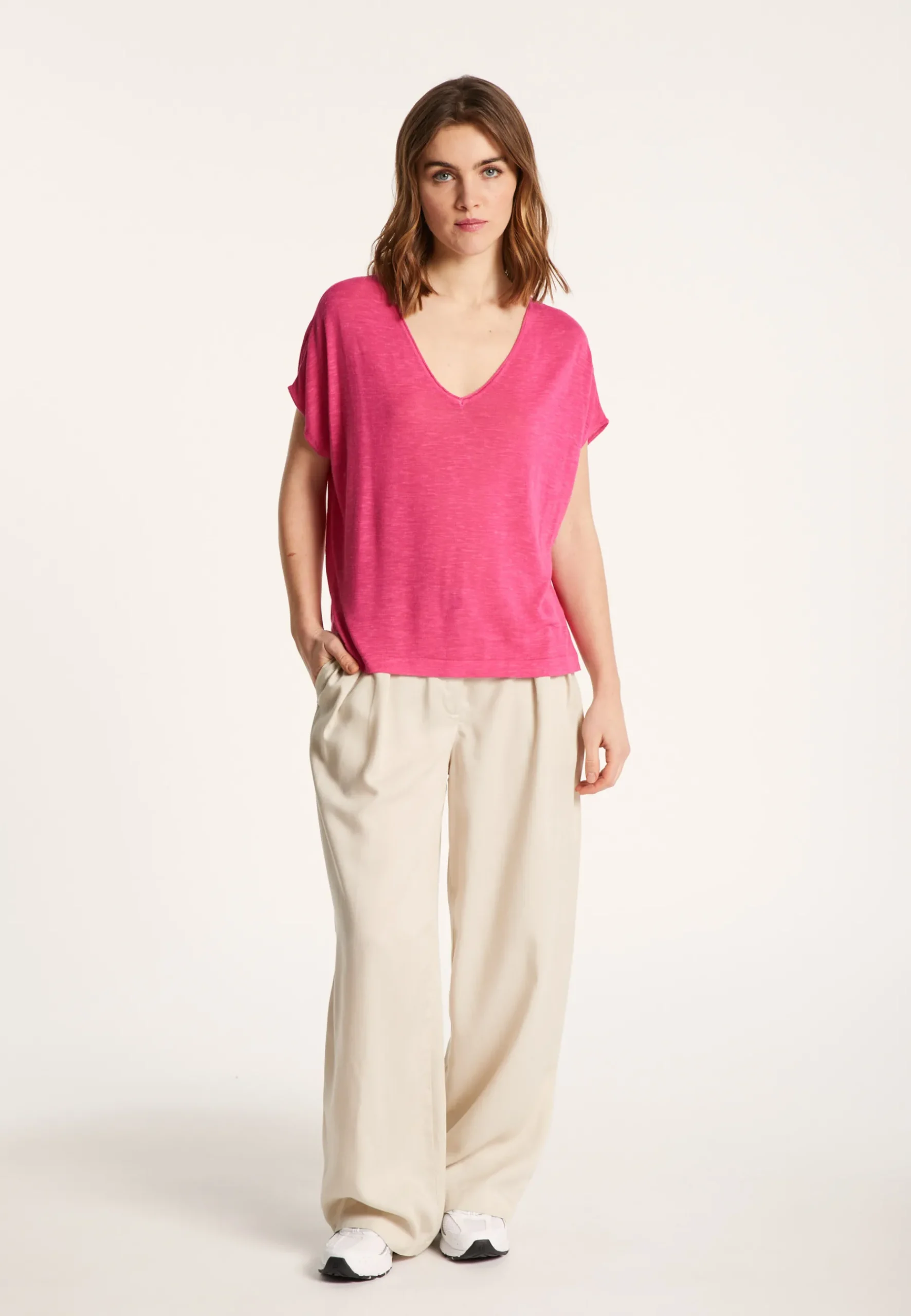 Montagut T-Shirts Et Débardeurs-T-shirt col V en lin flammé - Larra 26-Rose foncé