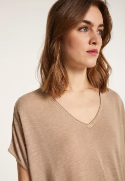 Montagut T-Shirts Et Débardeurs-T-shirt col V en lin flammé - Larra 13-Beige moyen
