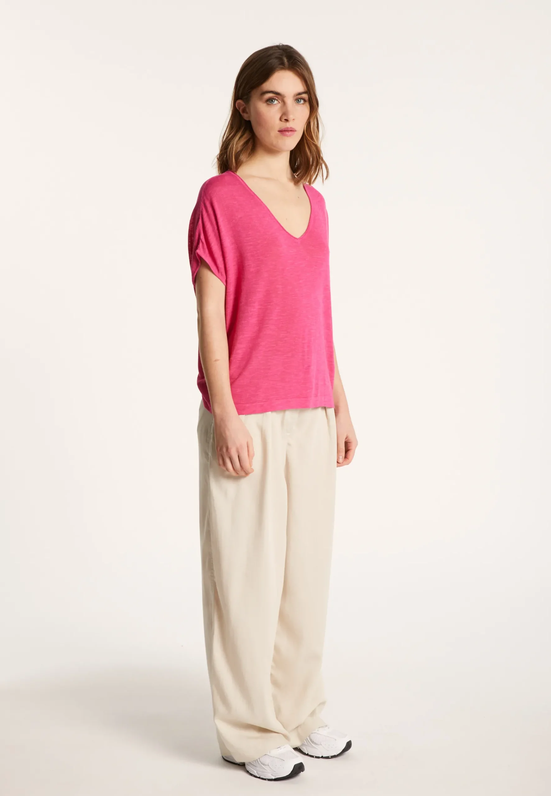 Montagut T-Shirts Et Débardeurs-T-shirt col V en lin flammé - Larra 26-Rose foncé