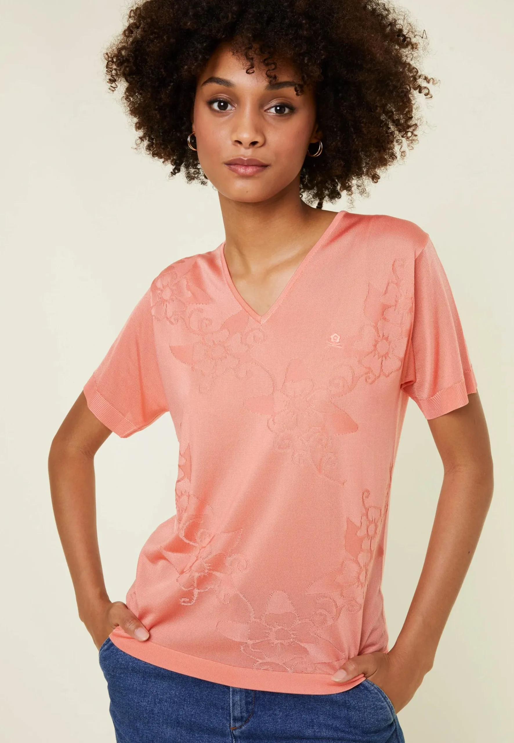Montagut T-Shirts Et Débardeurs-T-shirt col V Fil Lumière manches courtes à motifs - Elise 24-Rose clair