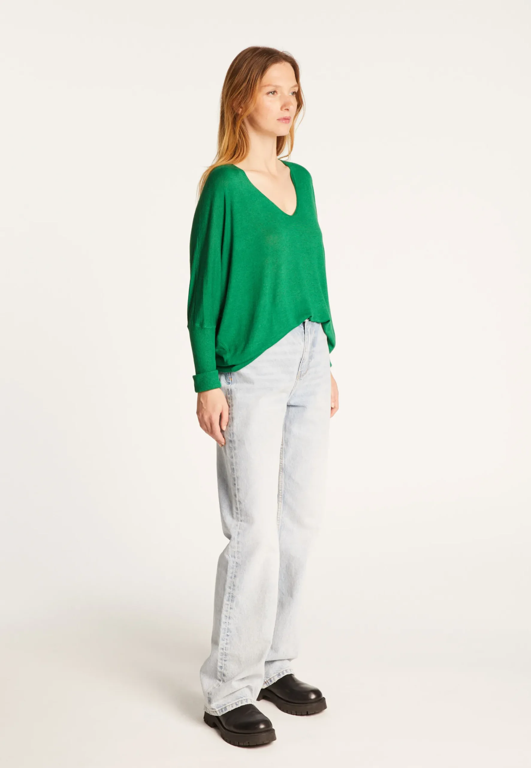 Montagut T-Shirts Et Débardeurs-T-shirt col V oversize en fibre de bambou cachemire - Rica 22-Vert moyen