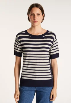 Montagut T-Shirts Et Débardeurs-T-shirt en lin cachemire à rayures bicolores - Naria 05-Bleu marine
