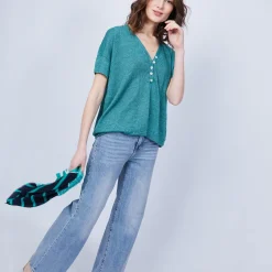 Montagut T-Shirts Et Débardeurs-T-shirt en lin col V boutonné - Maati 21-Vert foncé