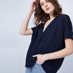 Montagut T-Shirts Et Débardeurs-T-shirt en lin col V boutonné - Maati 05-Bleu marine