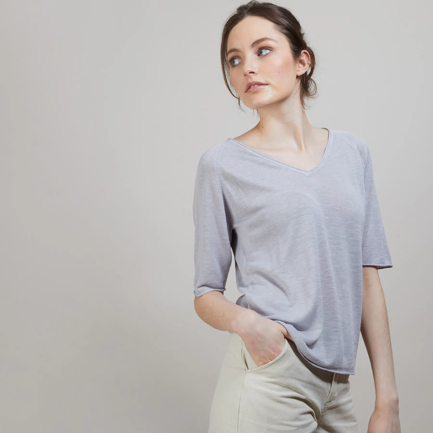 Montagut T-Shirts Et Débardeurs-T-shirt en lin flammé manches coudes - Bonbon 11-Gris clair