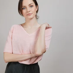 Montagut T-Shirts Et Débardeurs-T-shirt en lin flammé manches coudes - Bonbon 24-Rose clair