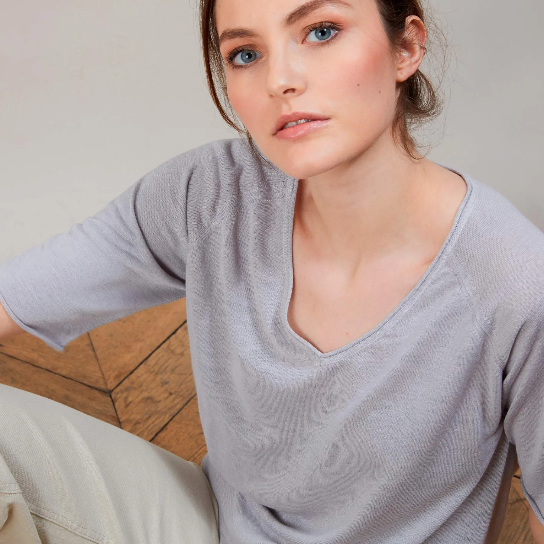 Montagut T-Shirts Et Débardeurs-T-shirt en lin flammé manches coudes - Bonbon 11-Gris clair