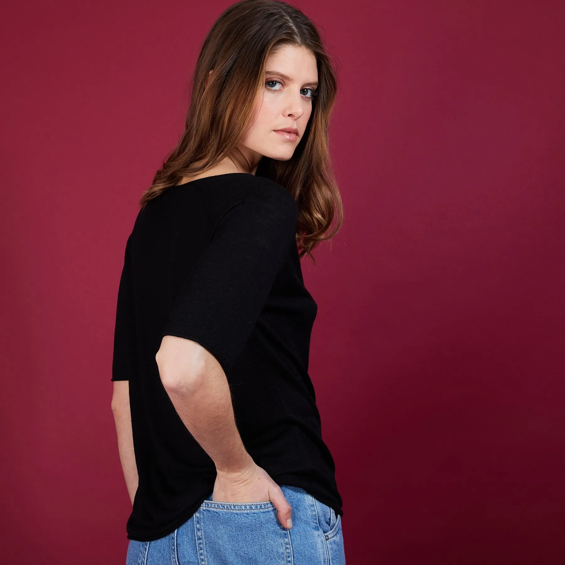 Montagut T-Shirts Et Débardeurs-T-shirt en lin flammé manches coudes - Bonbon 01-Noir