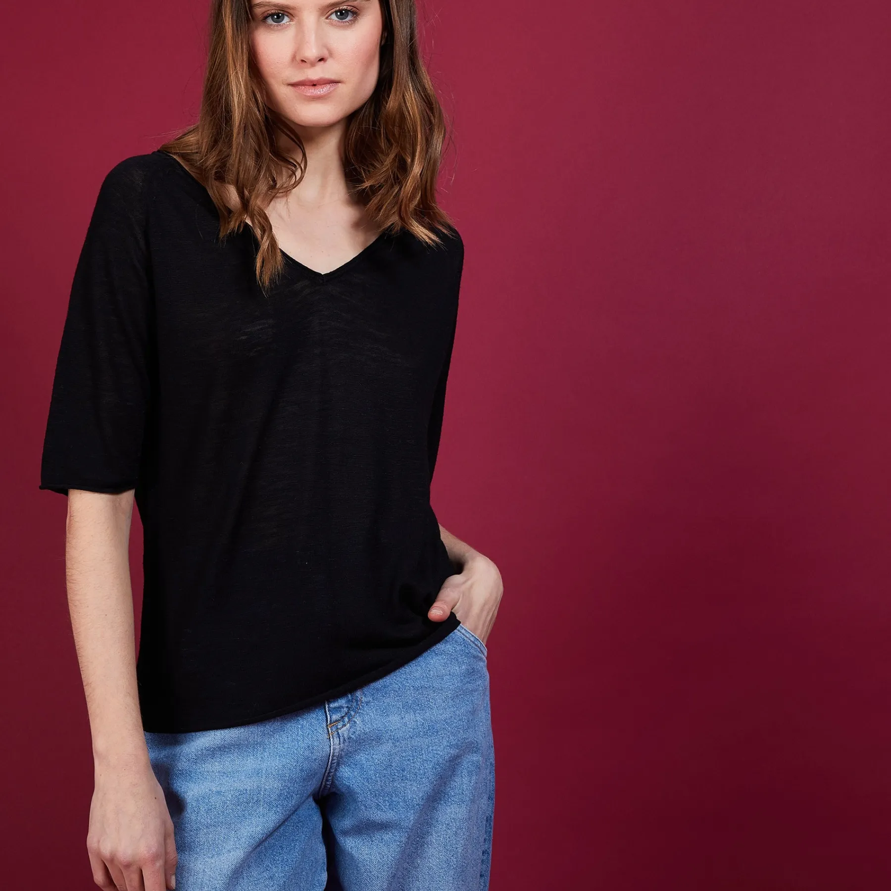 Montagut T-Shirts Et Débardeurs-T-shirt en lin flammé manches coudes - Bonbon 01-Noir