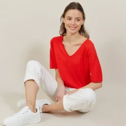 Montagut T-Shirts Et Débardeurs-T-shirt manches coudes en lin flammé - Bonbon 52-Rouge