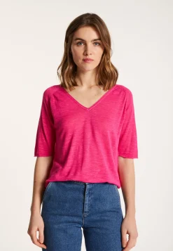 Montagut T-Shirts Et Débardeurs-T-shirt manches coudes en lin flammé - Bonbon 26-Rose foncé
