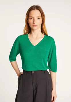Montagut T-Shirts Et Débardeurs-T-shirt uni en lin flammé col V - Mel 21-Vert foncé