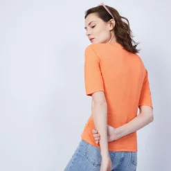 Montagut T-Shirts Et Débardeurs-T-shirt uni en lin flammé col V - Mel 15-Orange
