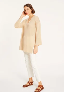 Montagut Pulls-Tunique ample col V en lin - Marielle 12-Beige clair