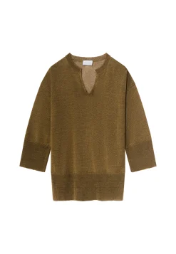 Montagut Pulls-Tunique ample col V en lin - Marielle 83-Kaki